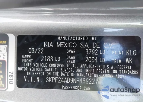 2022 Kia Forte Lxs из США, поврежденный, VIN 3KPF24AD9NE469227